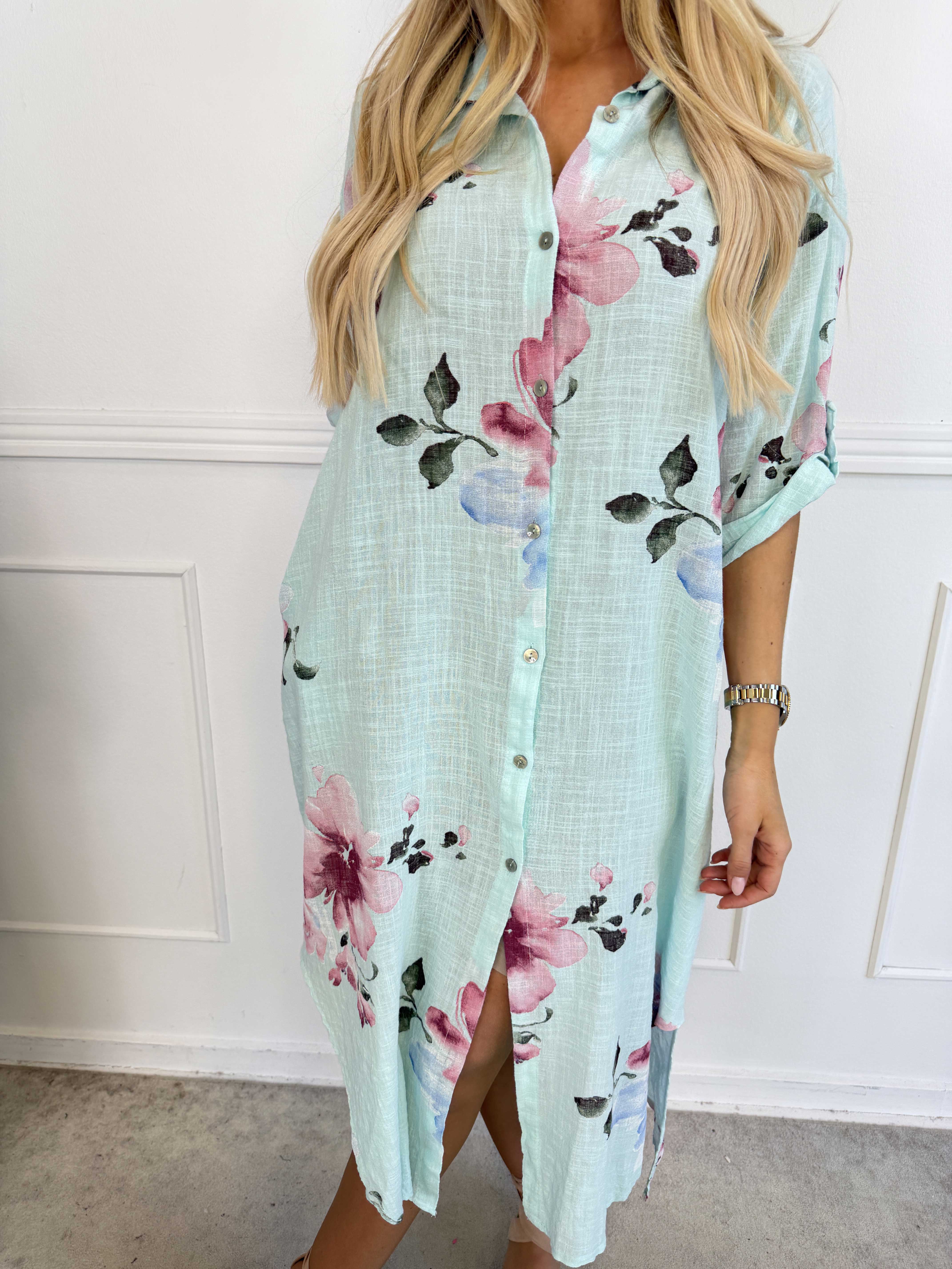 Maissa - Lang skjortekjole i bomuld med blomsterprint
